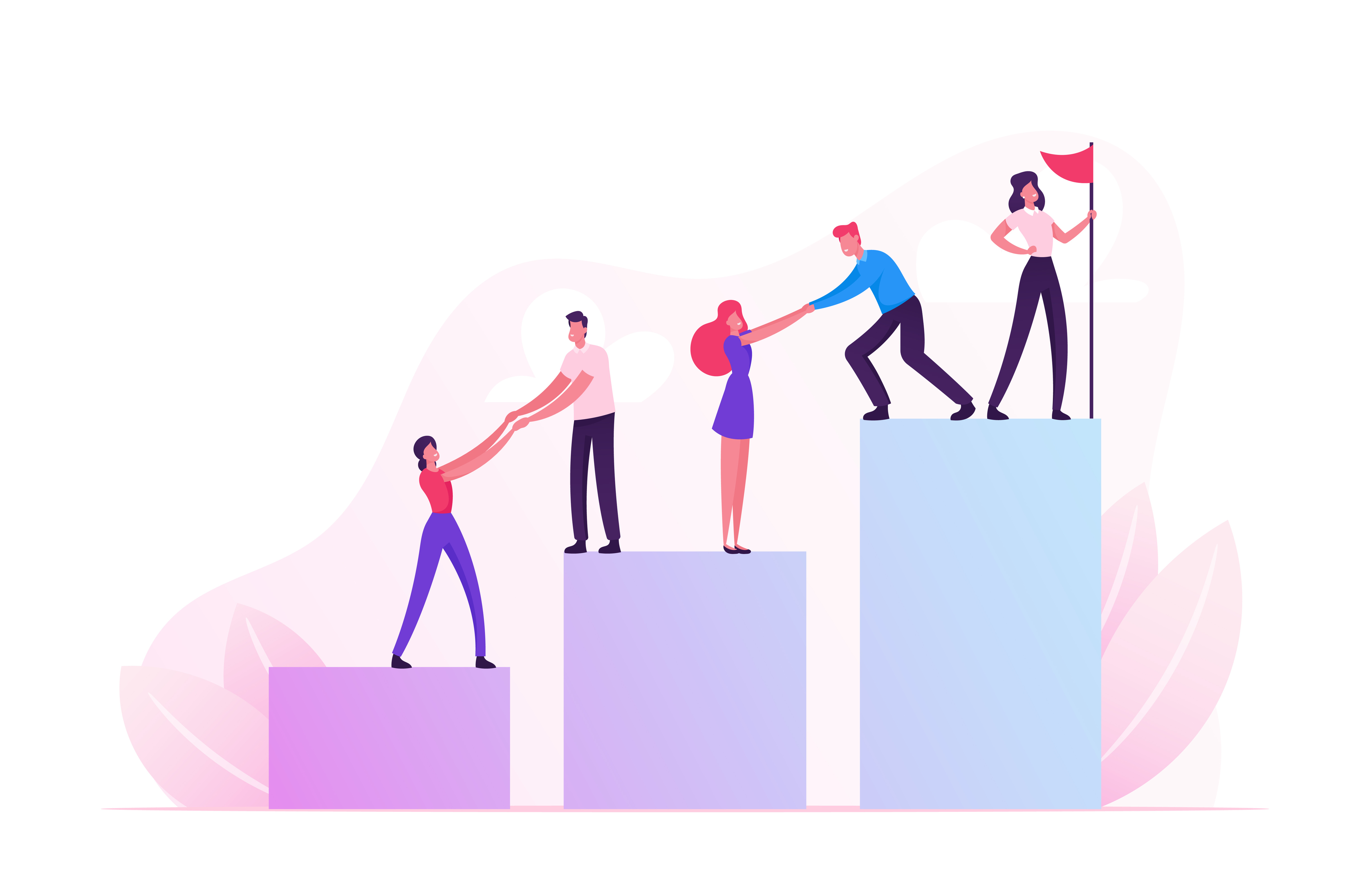 Business Team Climbing Up Column Chart with Leader Stand with Hoisted Red Flag on Top. Businessmen Pull Teammates Businesswomen to Peak Teamwork and Leadership Concept Cartoon Flat Vector Illustration