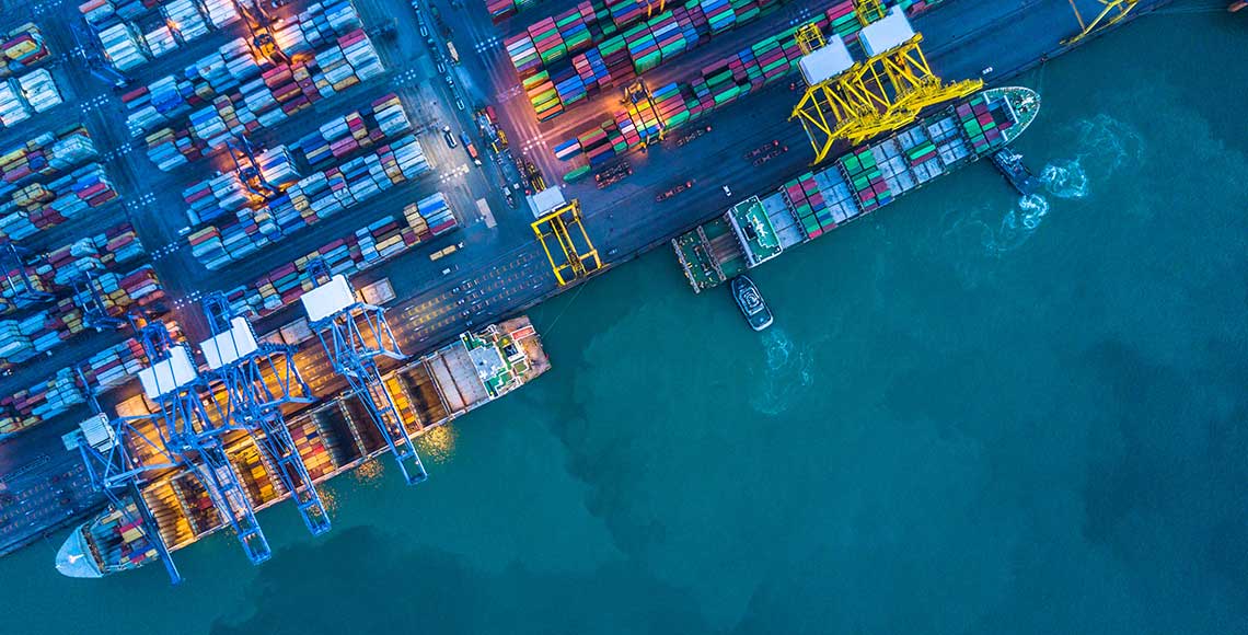 Aerial view of container cargo ship, Container Cargo ship in import export logistic, Logistics and transportation of International Container Cargo ship.